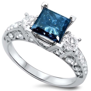 Prinses geslepen blauwe edelsteen ring met ronde diamanten en gegraveerde zilveren band