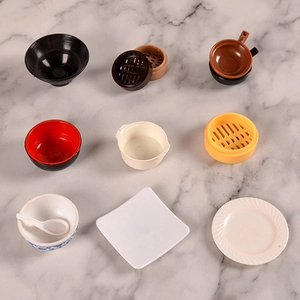 Detailed 9-piece miniature dollhouse kitchen set with tiny bowls and bamboo steamers