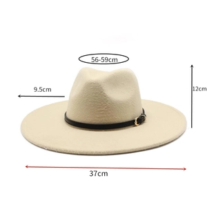 Detailed dimensions of beige wool jazz fedora hat with a black leather buckle band