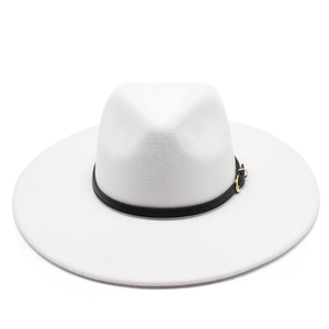 Classic white wool wide brim fedora hat with black leather band and gold buckle detail
