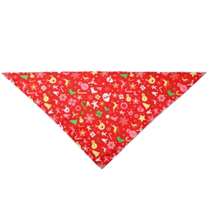 Detailed view of red Christmas pet bandana with Santa and reindeer patterns for dogs