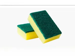 Dual-layer kitchen sponge with yellow foam and green scouring pad for deep cleaning