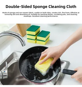 Dual-sided sponge with scouring pad being used to clean a black frying pan in a sink