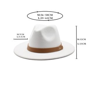 Detailed size specifications for a white minimalist wool fedora hat with a brown belt