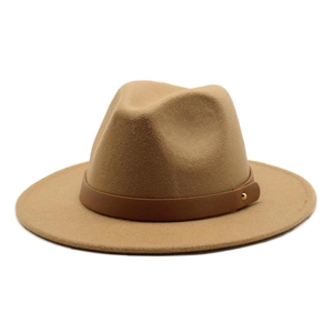 Classic khaki wool fedora hat with dark brown faux leather band and gold stud accent