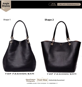 Black lychee leather tote bag showing two adjustable shapes and large capacity detail