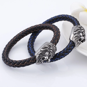 Men's braided leather bracelet with carved alloy lion head clasp in black and blue