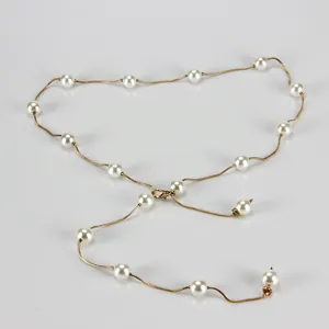 Elegant gold chain belt with white pearls and rhinestones for women's dresses