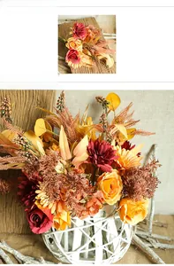 Close-up of autumnal bouquet with orange daisies and red roses in a woven basket