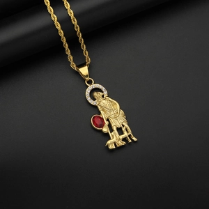 Hip-hop gold pendant necklace featuring a red gemstone and St. Christopher icon