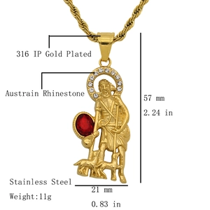 Gold-plated hip hop shepherd pendant in stainless steel with red and clear rhinestones