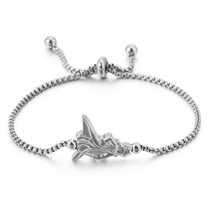 Silver adjustable stainless steel bracelet featuring a minimalist angel pendant design