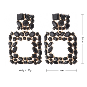 Statement square geometric black crystal earrings with gold trim for party fashion