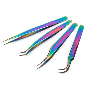 Set of four rainbow stainless steel eyelash tweezers with straight and curved tips