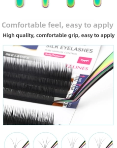 Detail of multi-colored tweezers picking up 12 rows of silk eyelashes for blooming effect