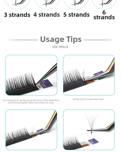 Step-by-step guide for volume eyelash extension application with colorful tweezers