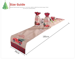 Christmas burlap table runner with red truck print and bottle covers measuring 180x34cm