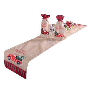 Linen Christmas table runner and wine bottle bags with red truck and Merry Christmas print