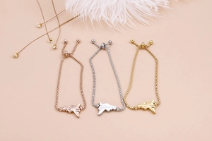 Three-color world map pendant bracelets in gold, silver and rose gold finishes