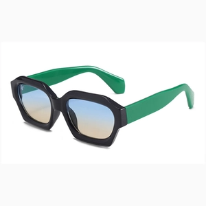 Fashionable hexagonal sunglasses with black frame and green temples in 45-degree angle