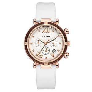 YOLAKO women's quartz watch with rose gold case, white leather strap and date display