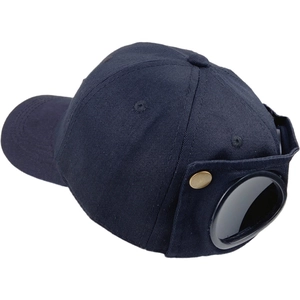 Navy blue aviator baseball cap featuring integrated pilot goggles on the back side