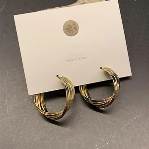Close-up of golden geometric twisted rope hoop earrings on jewelry display card
