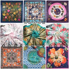 Collection of 90cm satin silk scarves featuring various floral and classic chain patterns