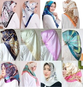 Detail showcasing 12 different vintage patterns of 90cm satin square headscarves for women