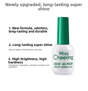 Detail of Miss Cheering 12ml LED/UV nail gel polish bottle with a lime green cap
