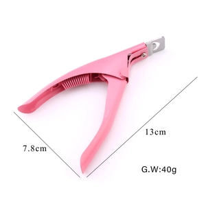 Pink acrylic nail clipper detail view, stainless steel U-shaped tip and ergonomic handle.