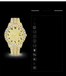 Macro view of iced-out quartz watch featuring crystal-set dial and magnified date window