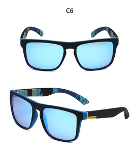 Close-up of polarized sports sunglasses with blue mirrored lenses and matte black frame