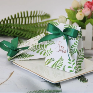 European style wedding favor box with green leaf pattern and dark green satin ribbon