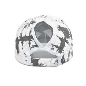 Detail view of cotton tie-dye ponytail sun hat with adjustable velcro and back cutout