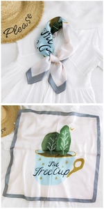 Detail of silk-feel square scarf with Tree Cup illustration and gray border trim