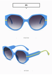 Vues frontale et latérale à 45 degrés des lunettes de soleil rondes bleues et jaunes