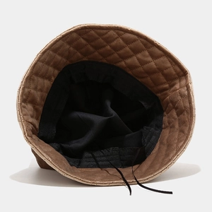 Brown quilted lattice bucket hat for women with warm lining and adjustable strap