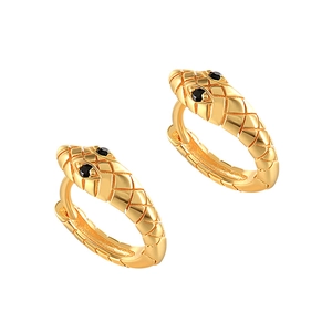 Gold snake hoop earrings with black gemstone eyes and detailed scale texture