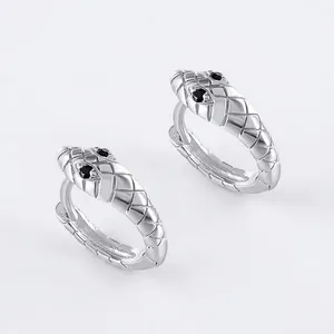 S925 sterling silver snake huggie hoop earrings with black zircon eyes and scale texture