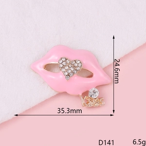 Lip-shaped rhinestone heart brooch with KISS pendant, dimensions 35.3mm by 24.6mm