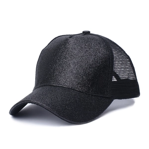 Women's black glitter mesh baseball cap with high ponytail hole and breathable trucker style