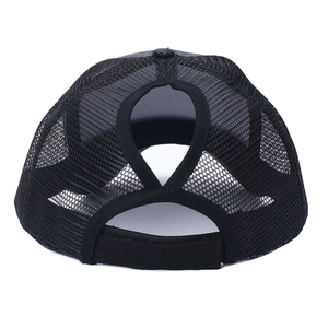 Detail view of the high-density mesh texture and ponytail hole on the back of the black cap