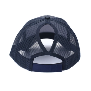 Rear view of navy mesh baseball cap featuring a ponytail opening and adjustable velcro strap