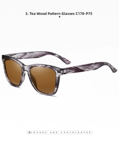 Detail of polarized sunglasses featuring brown lenses and wood grain frame texture