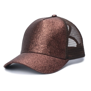 Detailed side view of a brown glitter sequin baseball cap with a breathable mesh back