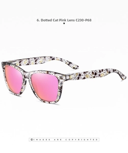 Detailed view of cat-patterned sunglasses frame with reflective pink polarized lenses