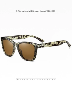 Close-up of yellow tortoise shell square sunglasses with brown polarized lenses