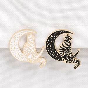 Creative enamel cat and moon pins set with black and white cat motifs and gold details