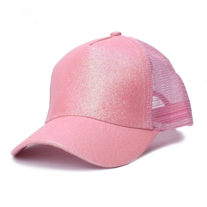 Detail of the pink glitter fabric and breathable mesh back on this women's baseball cap